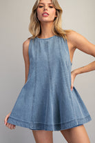 Light wash denim sleeveless A-line top and elastic waist shorts set for women from Thread Bar Boutique