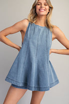 Light wash denim sleeveless A-line top and elastic waist shorts set for women from Thread Bar Boutique