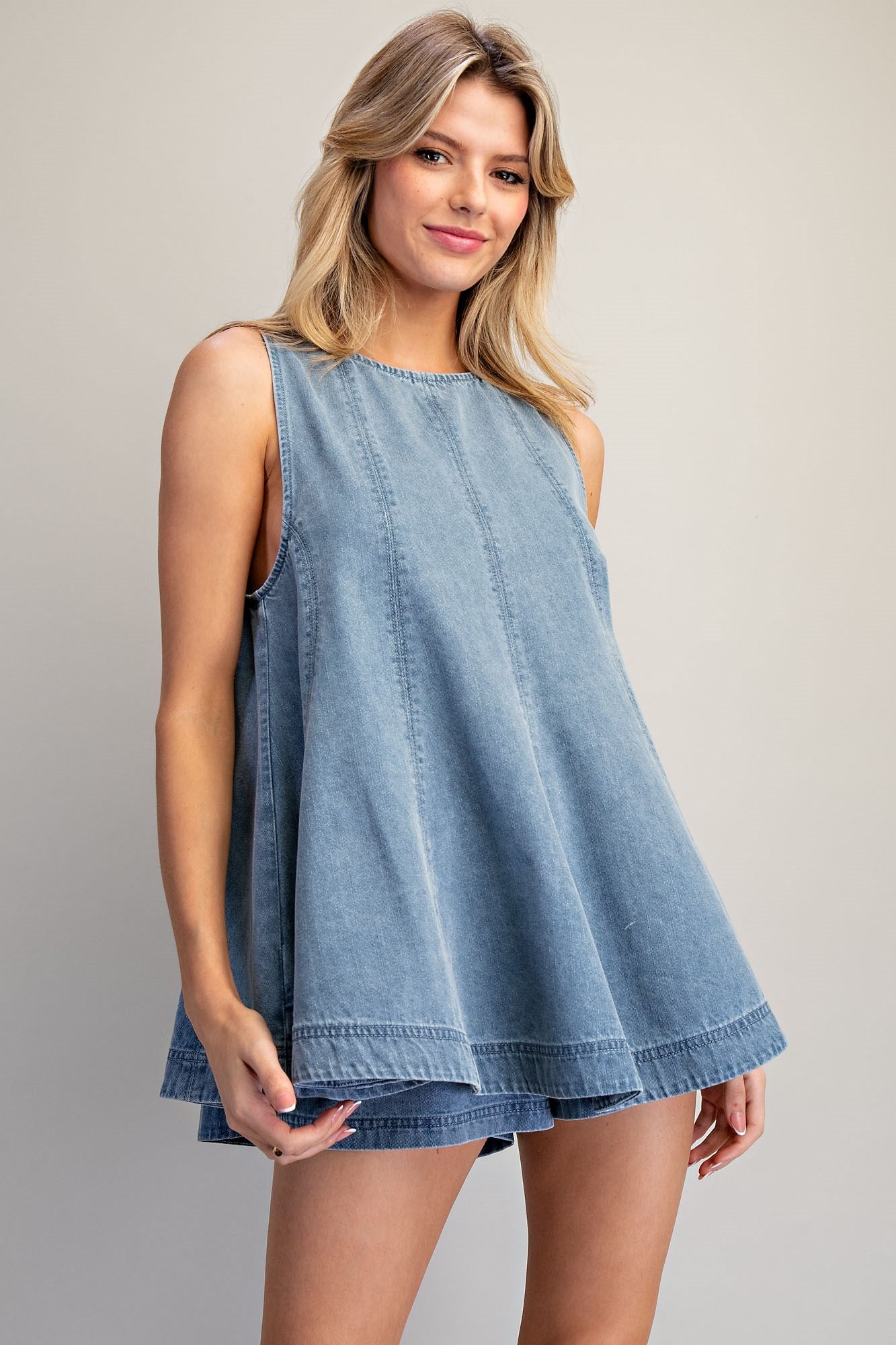 Light wash denim sleeveless A-line top and elastic waist shorts set for women from Thread Bar Boutique