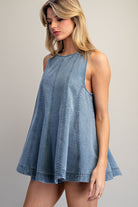 Light wash denim sleeveless A-line top and elastic waist shorts set for women from Thread Bar Boutique