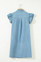 Boutique women’s ruffle sleeve denim dress styled for everyday casual wear back view