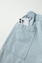 Sky Blue Stripe Mid Rise Drawstring Waist Wide Leg Jeans pocket