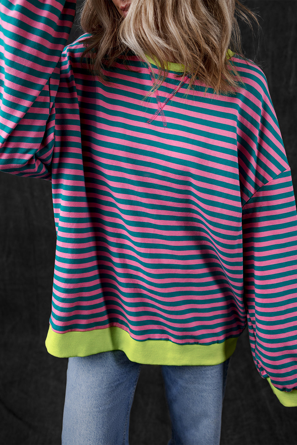 Women’s Casual Cool Stripe Oversized Sweatshirt with drop shoulder and contrast trim in relaxed fit, styled with denim