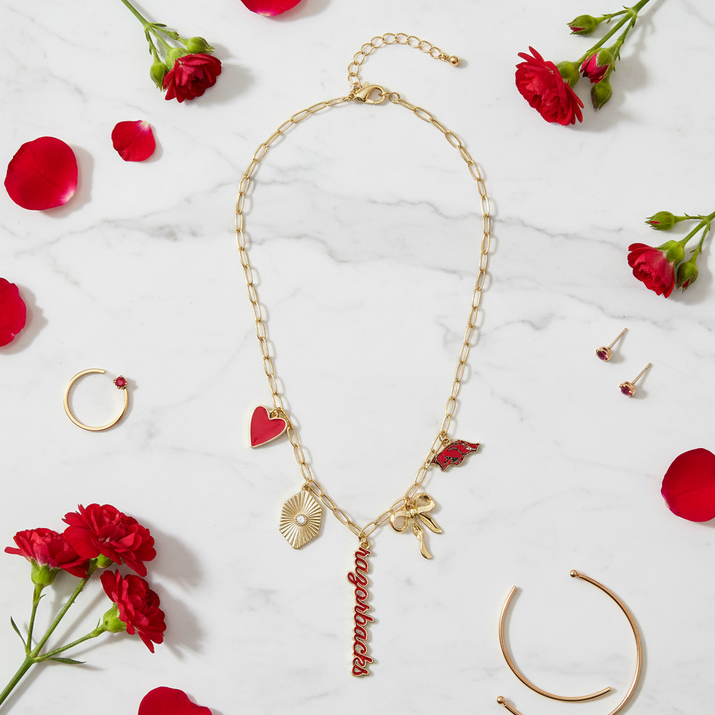 Arkansas Razorbacks Charm Necklace Detail Hog Heart Bow Script