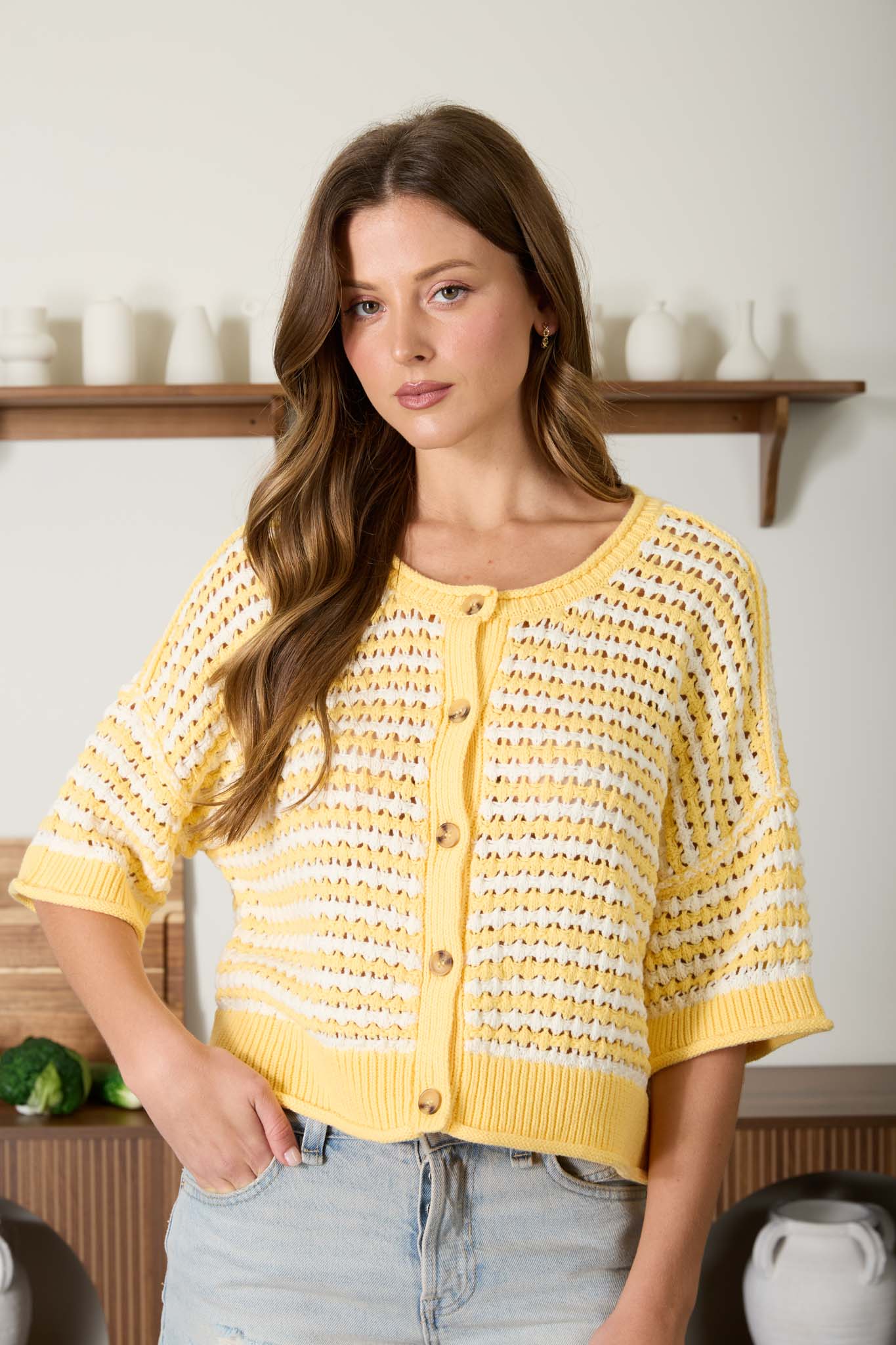 Yellow and white open-knit boxy cardigan with button-down front and 3/4 length sleeves