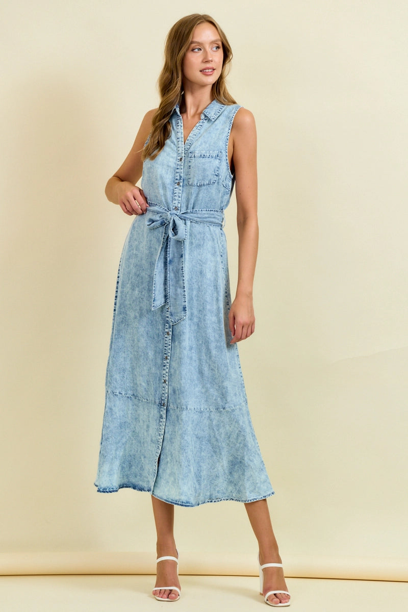 Sleeveless light wash denim midi dress with button front, tie waist belt, and ruffle hem