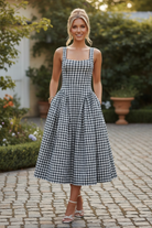  black white gingham fit and flare midi dress with square neck