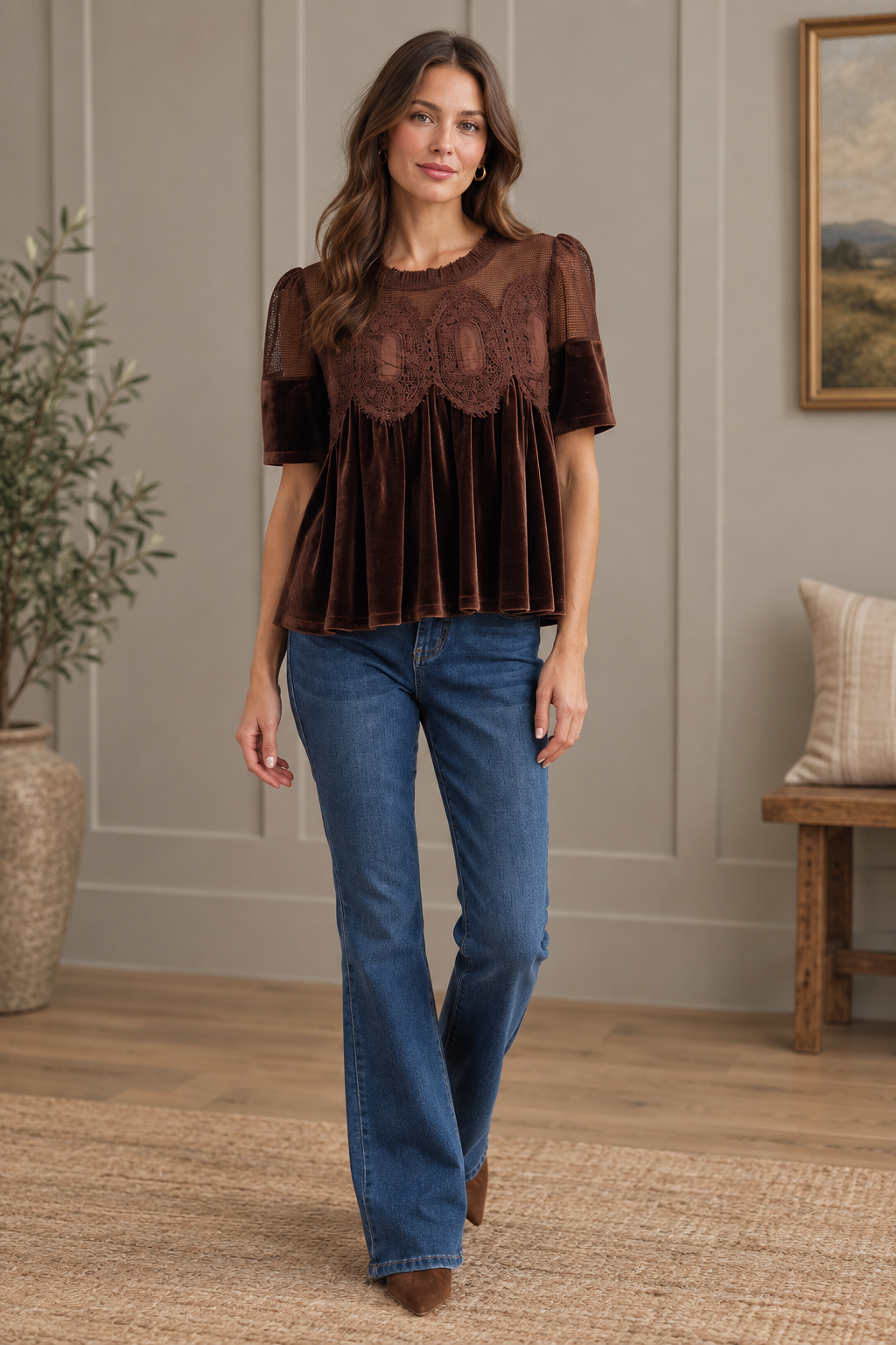 Romantic brown velvet and crochet-style top at Thread Bar Boutique, featuring a sheer textured upper panel, intricate lace front, scalloped mesh trim, puff sleeves, and a relaxed babydoll fit.