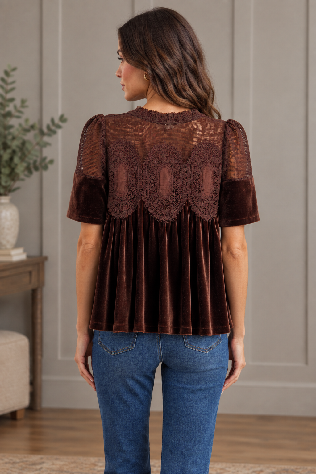 Brown velvet lace top from Thread Bar Boutique featuring a sheer crochet-style yoke, delicate lace front detailing, scalloped mesh accents, short puff sleeves, and an easy flowing babydoll silhouette.