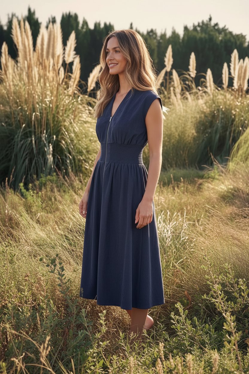 Soft stretch suede midi dress with front zipper, smocked waist, cap sleeves, and pockets, perfect for effortless fall outfits, casual weekends, brunch, workwear, and everyday style.navy blue suede cap sleeve midi dress with smocked waist and front zip,