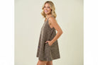 Women's casual leopard print A-line mini dress made from soft 100% cotton with a relaxed fit, side pocket, and double scoop neckline.