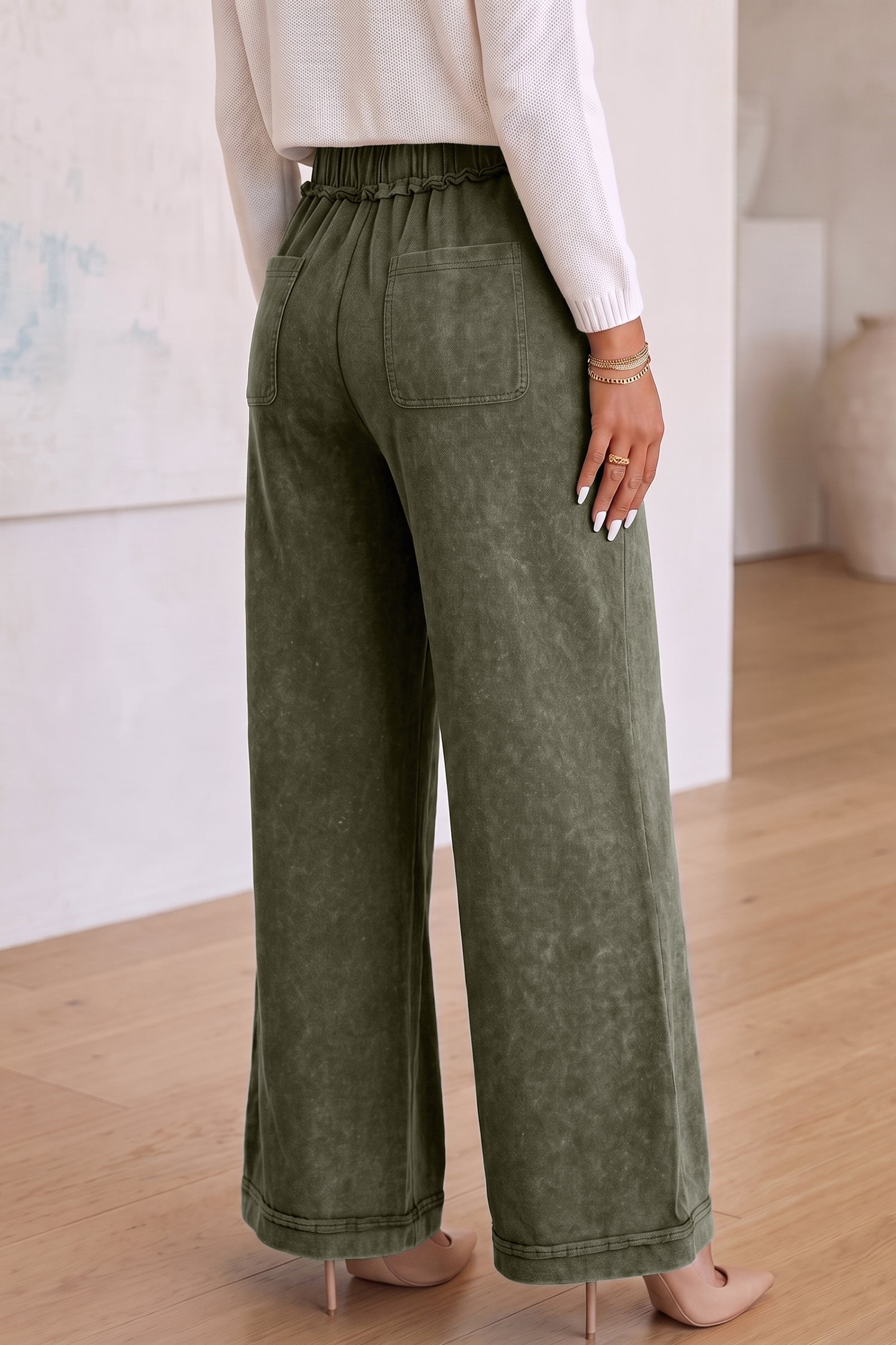 100% cotton wide-leg pants for women with a relaxed flare silhouette and soft mineral wash finish