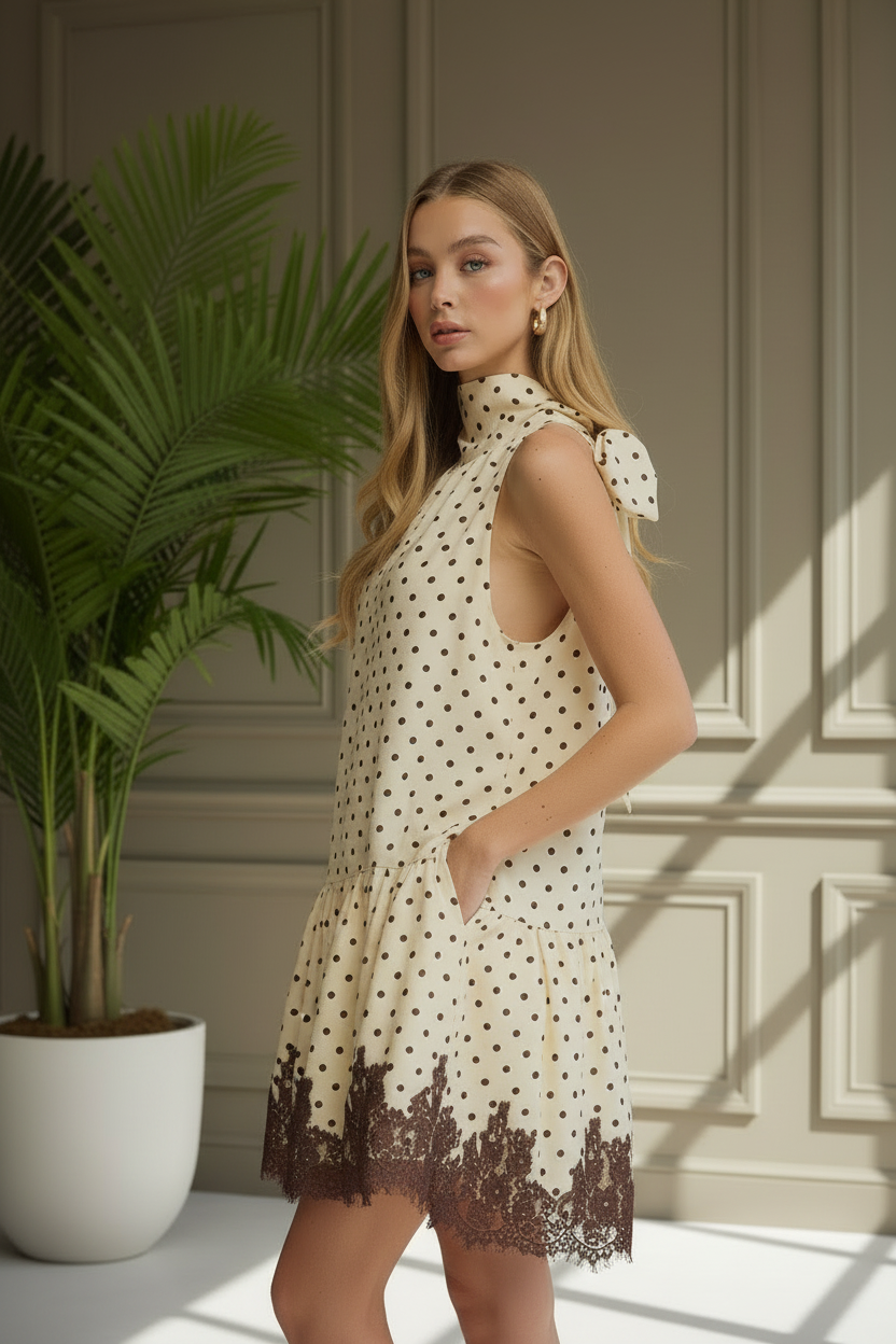Cream and brown polka dot midi dress with high collar, tie-back detail, drop waist, peplum hem, and lace trim