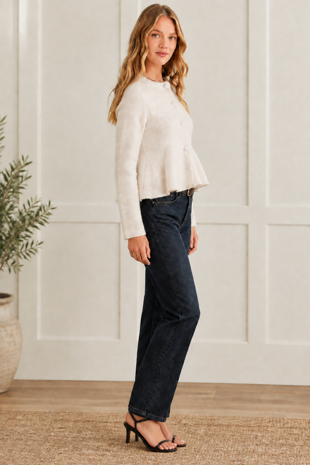  Thread Bar Boutique fitted cropped cardigan with feminine peplum hem, self-covered buttons, classic crew neckline, and soft wool-blend texture, designed for elevated everyday outfits.
