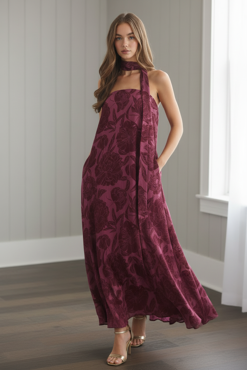 Floral print maxi dress with detachable neck scarf styled for a resort vacation, garden party, brunch, or elevated outfit at Thread Bar Boutique