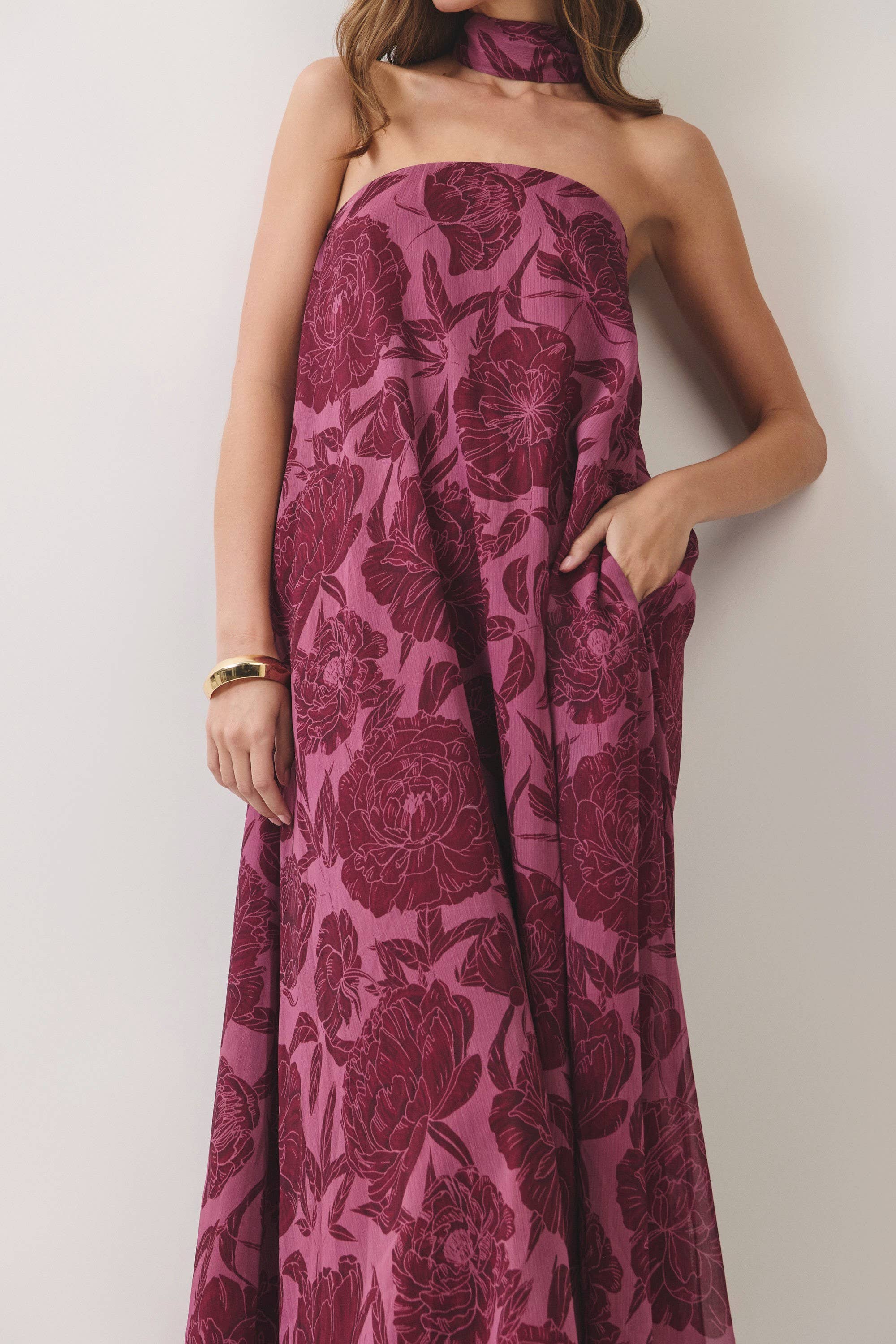 Flowy strapless floral maxi dress with oversized blooms, detachable scarf, hidden side pockets, relaxed A-line fit, and lined lightweight fabric