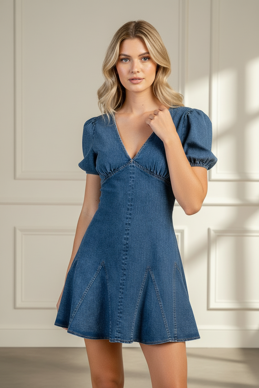 Women’s puff sleeve denim mini dress with a flirty flared godet hem, designed as an easy game day, brunch, or weekend outfit with a polished yet playful feel.
