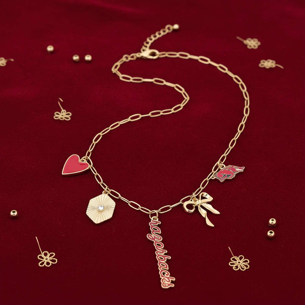 Arkansas Razorbacks Charm Necklace Flat Lay Gold Chain