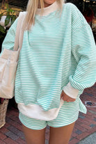 Green striped casual two-piece set with mock neck sweatshirt and pull-on shorts