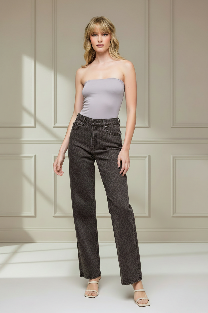 Hidden Jeans brown cheetah print straight leg jeans for women featuring a classic five-pocket design, 11-inch rise, 31-inch inseam, and comfortable stretch denim.
