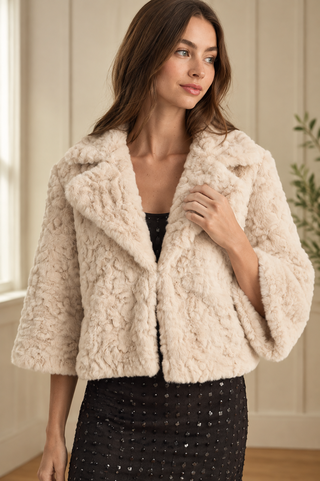 Thread Bar Boutique high-pile rosette faux fur jacket with cropped boxy silhouette, plush textured fabric, wide notched lapel, and three-quarter bell sleeves