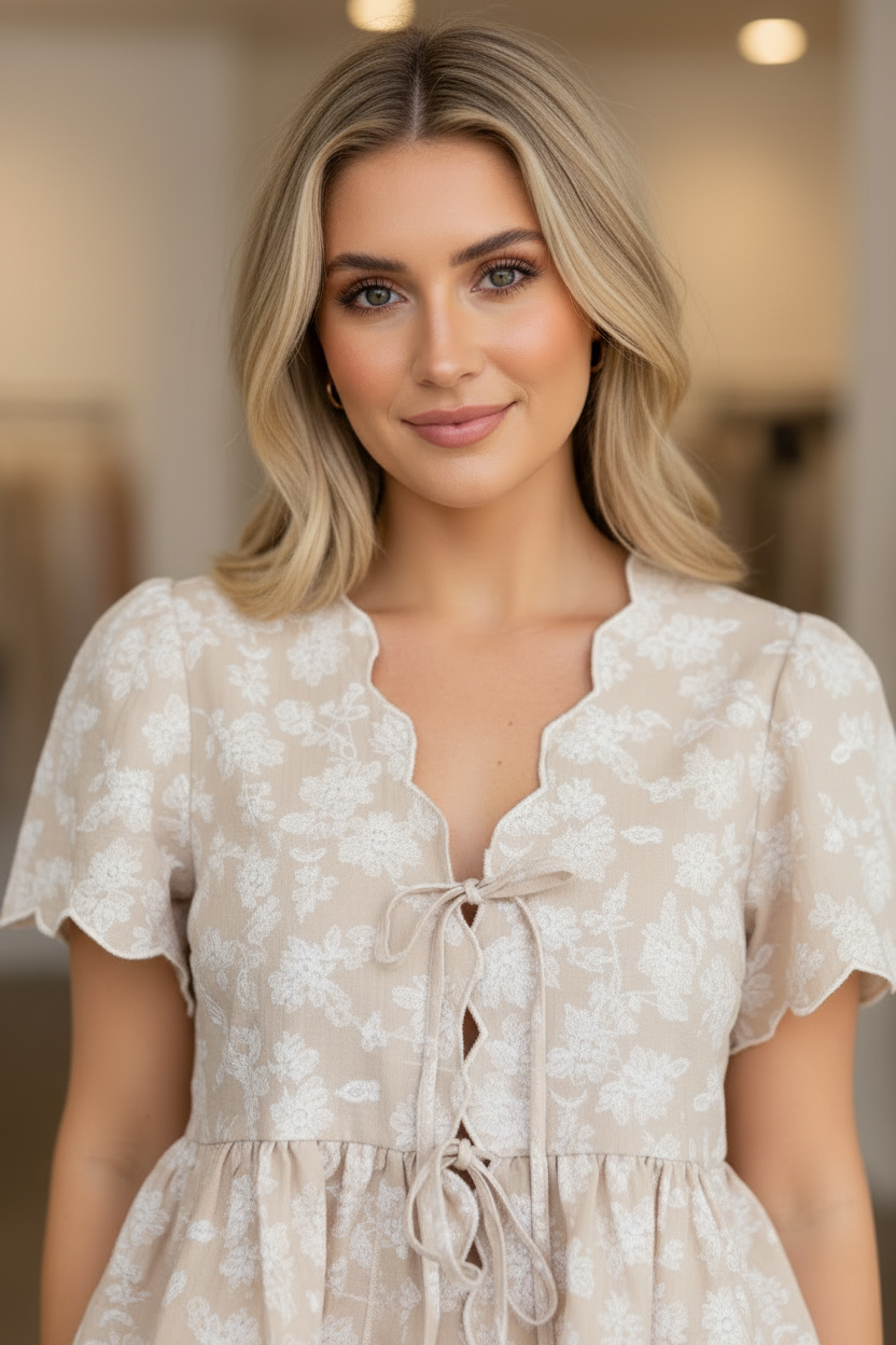 Khaki embroidered peplum blouse from Thread Bar Boutique with floral embroidery, scalloped trim, short sleeves, and front tie accents. Versatile boutique top designed for effortless warm-weather styling.