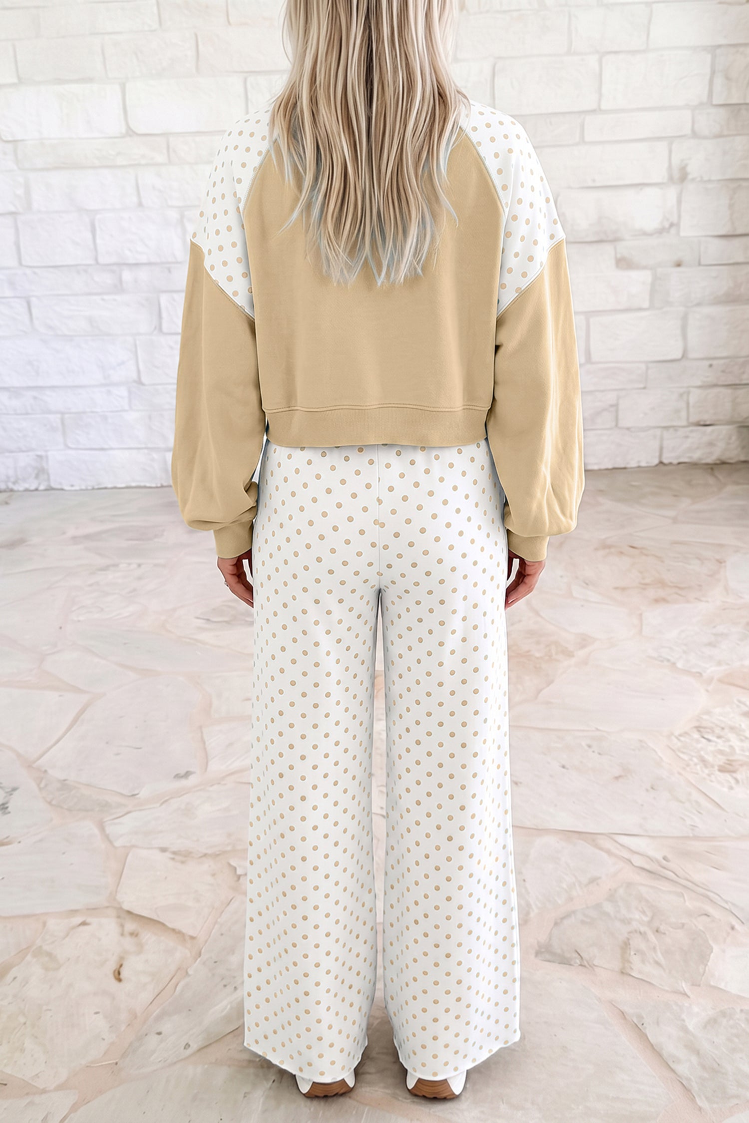 Trendy khaki polka dot matching set with a cropped long sleeve top and coordinating wide-leg pants, perfect for casual outfits, brunch, travel, and lounging.