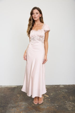 Lace Trim Satin Wedding Guest Midi Dress
Champagne satin wedding guest midi dress with delicate lace trim, sheer lace waist panel, sweetheart neckline, gathered bust, short puff sleeves, flattering fitted waist, fully lined finish, elegant special occasion dress.