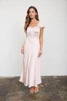 Lace Trim Satin Wedding Guest Midi Dress
Champagne satin wedding guest midi dress with delicate lace trim, sheer lace waist panel, sweetheart neckline, gathered bust, short puff sleeves, flattering fitted waist, fully lined finish, elegant special occasion dress.