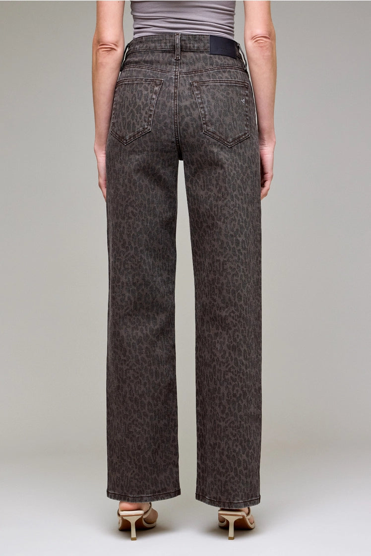 Trendy women’s cheetah print jeans in a brown animal print design with a flattering straight-leg fit, comfortable stretch denim, five-pocket construction, and classic rise.