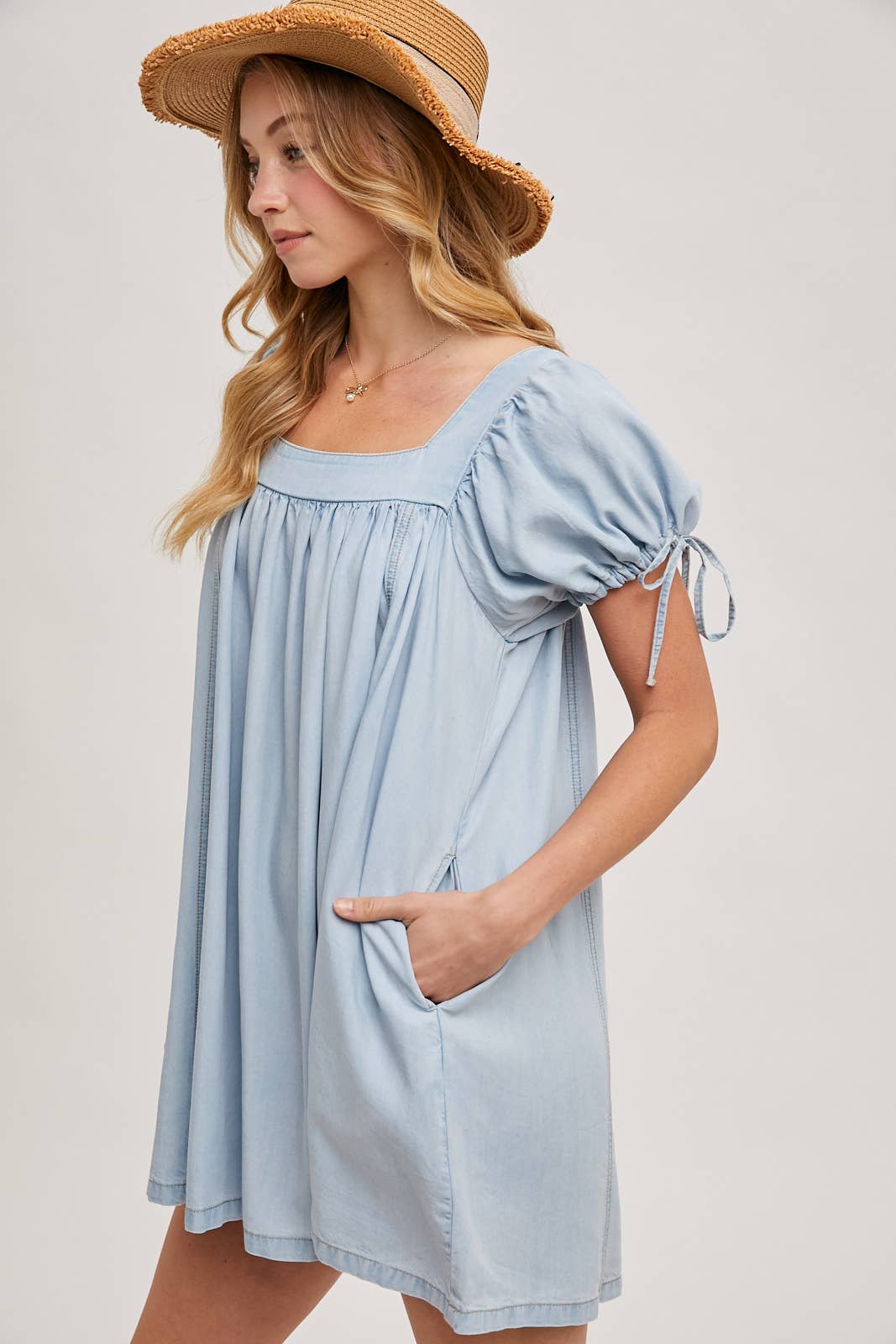 Light Blue Demim Dress puff sleeve for woman Thread Bar Boutique