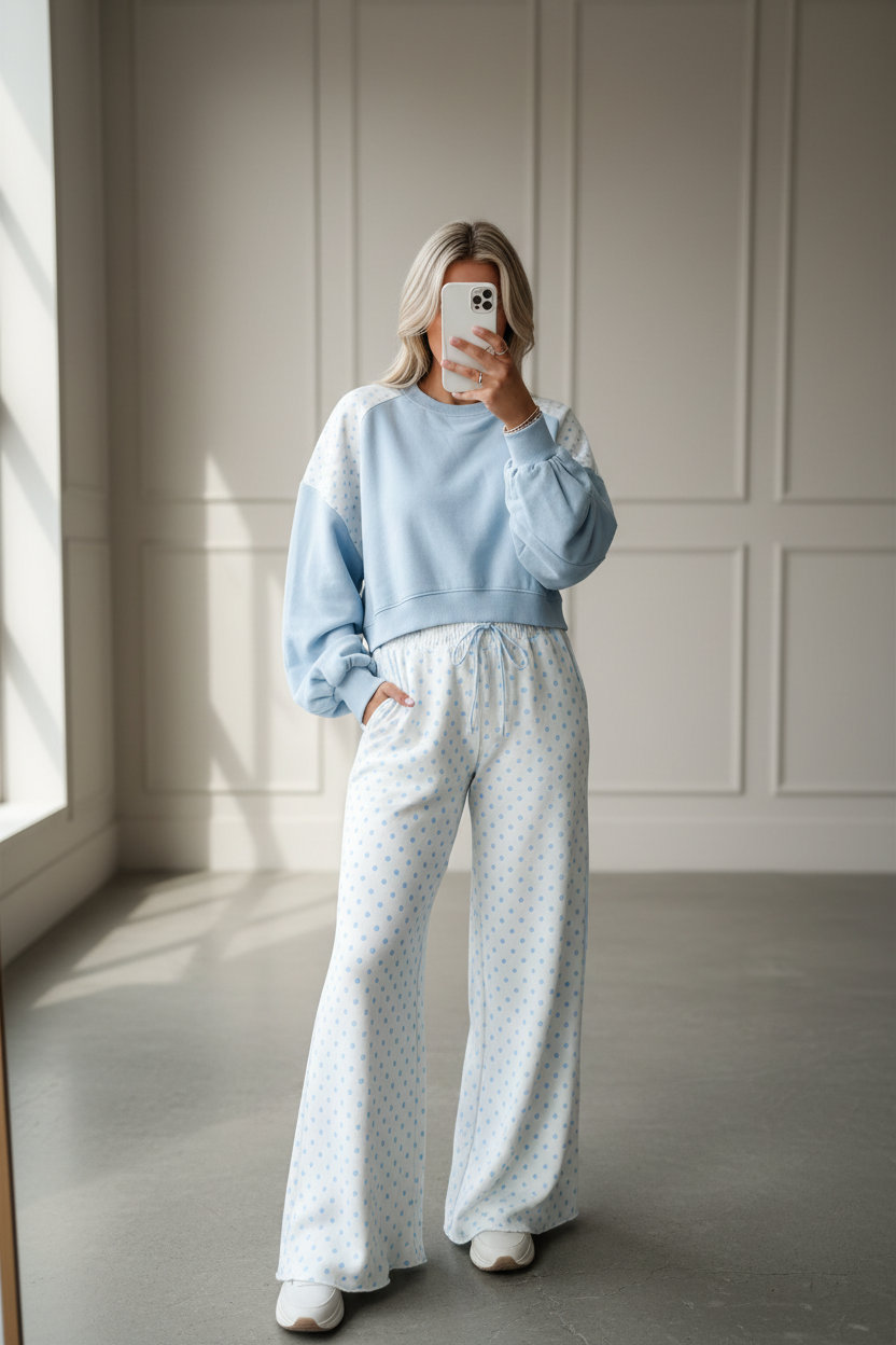 Women’s light blue two-piece lounge set featuring a cropped balloon sleeve sweatshirt and matching wide-leg pants with a playful polka dot colorblock patchwork print.
