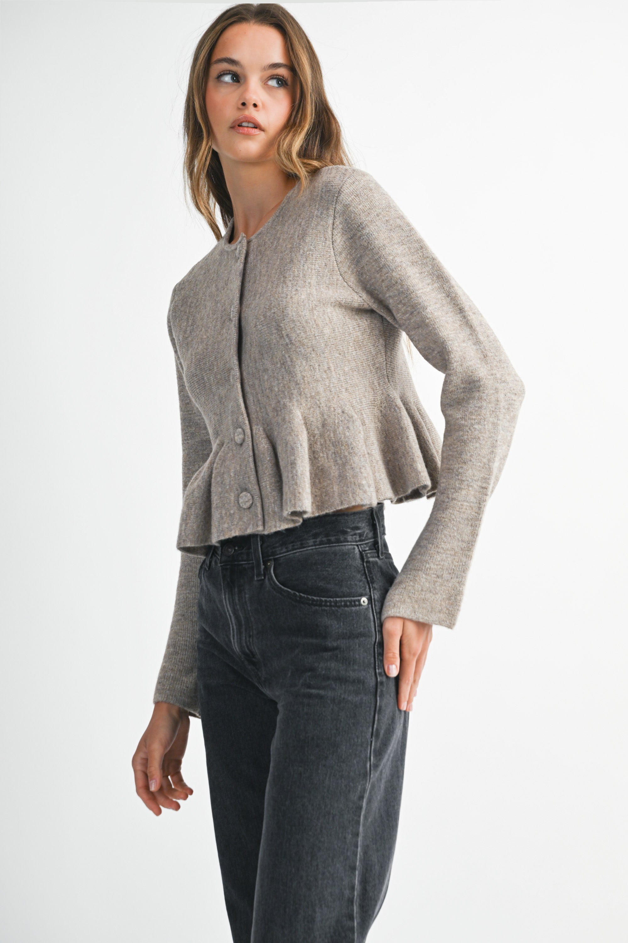 Soft taupe button-down knit peplum jacket with defined waist, cozy and elegant everyday layering piece.