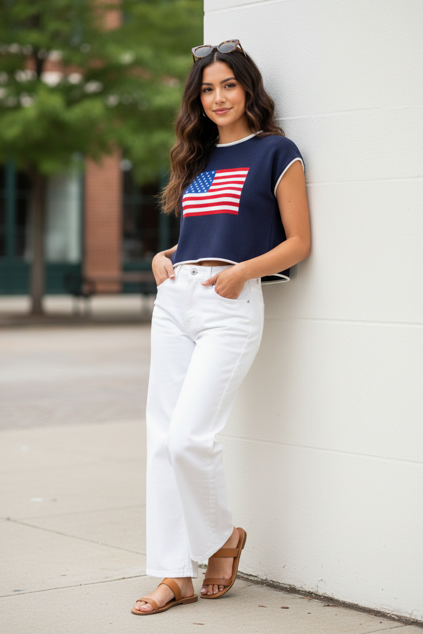 Casual Americana sweater tank with flag motif, cap sleeves, and relaxed cropped fit
