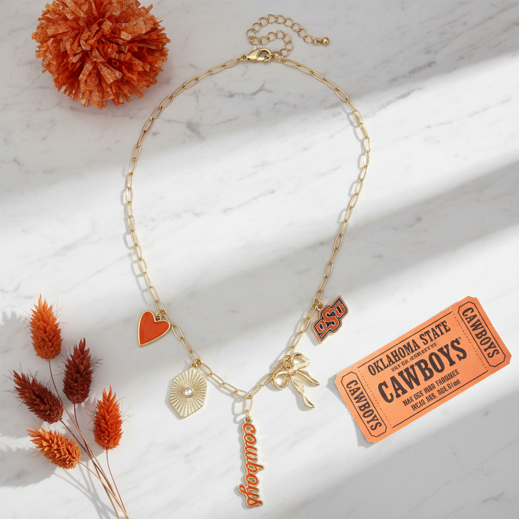Oklahoma State Cowboys gameday charm necklace flat lay