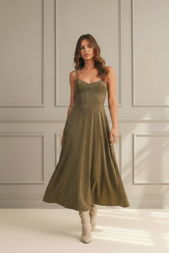 Thread Bar Boutique olive suede corset midi dress with structured bustier bodice, adjustable straps, fitted waist, and flared midi skirt 