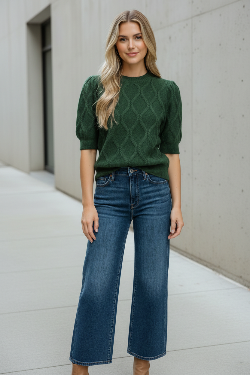 Pine green fall sweater with lightweight cable knit texture, feminine puff sleeves, and ribbed trim from Thread Bar Boutique