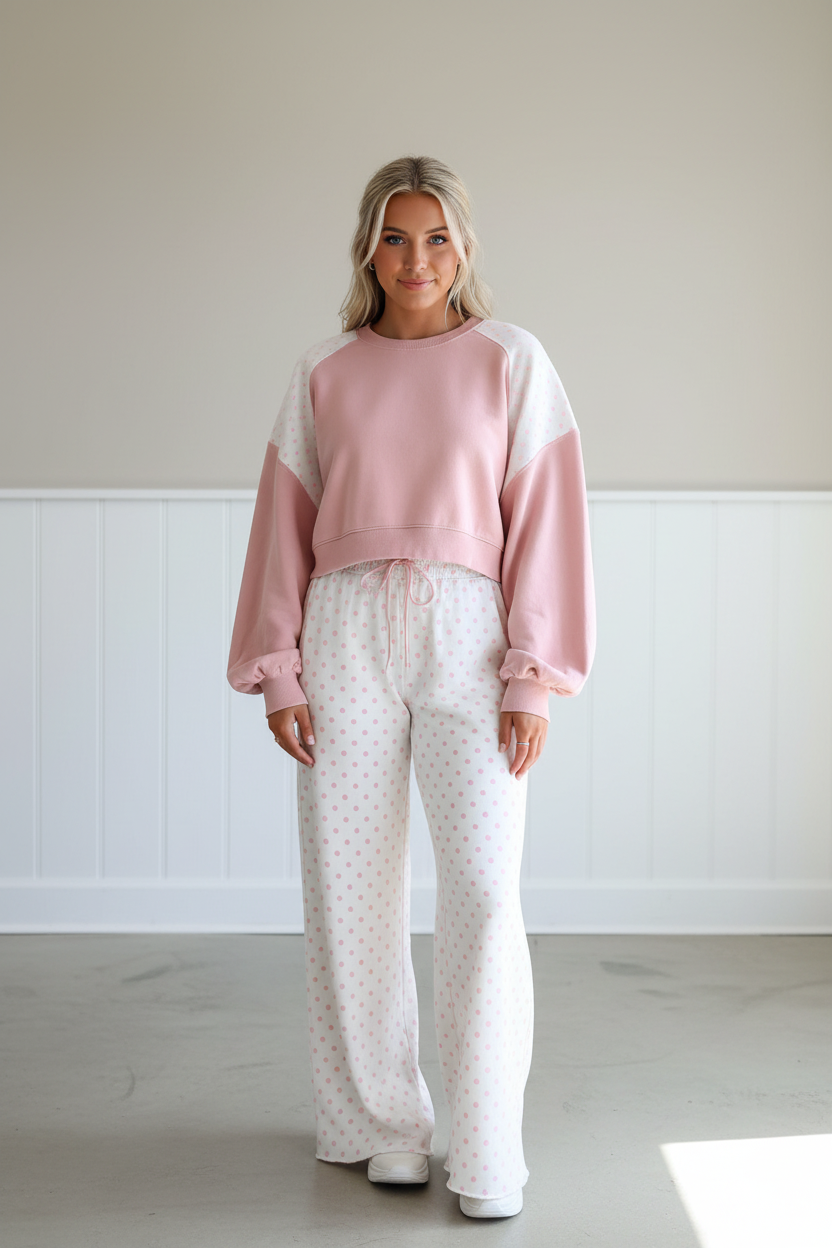 Women’s pink two-piece lounge set featuring a cropped balloon sleeve sweatshirt and matching wide-leg pants with a playful polka dot colorblock patchwork print.