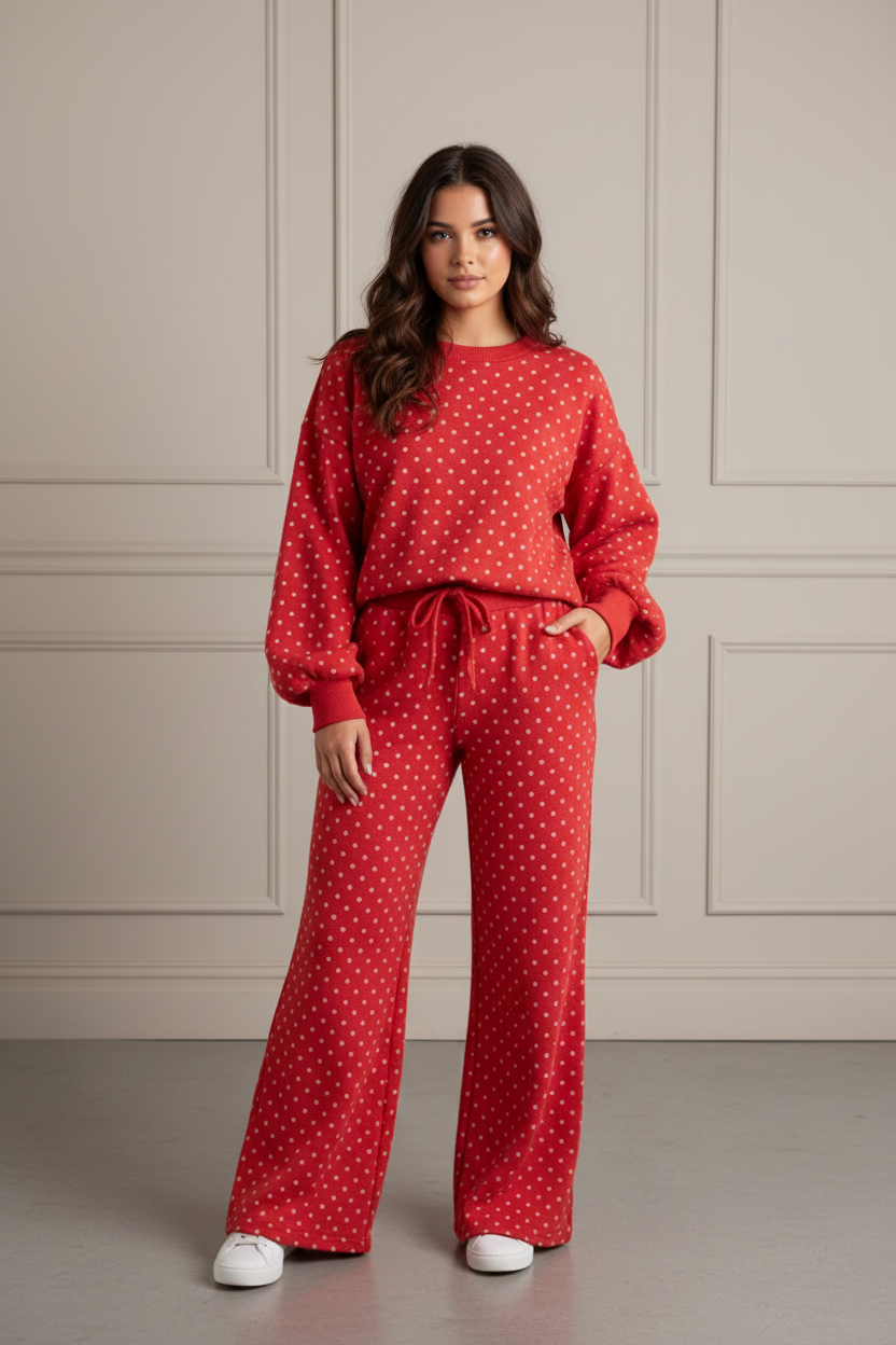 Women’s red polka dot two-piece set with relaxed long-sleeve top and matching high-waist pants with adjustable drawstring