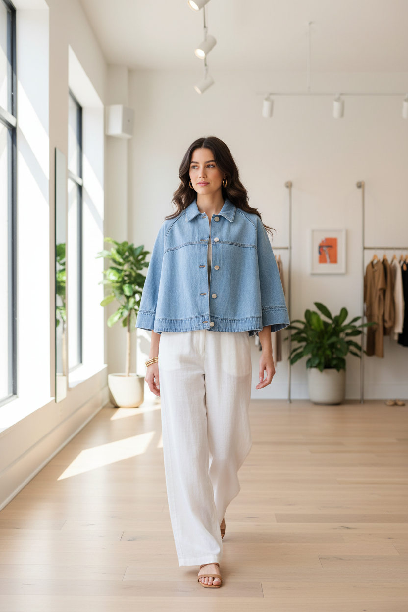 Risen light wash denim jacket with cape-style drape, collared neckline, and modern cropped fit