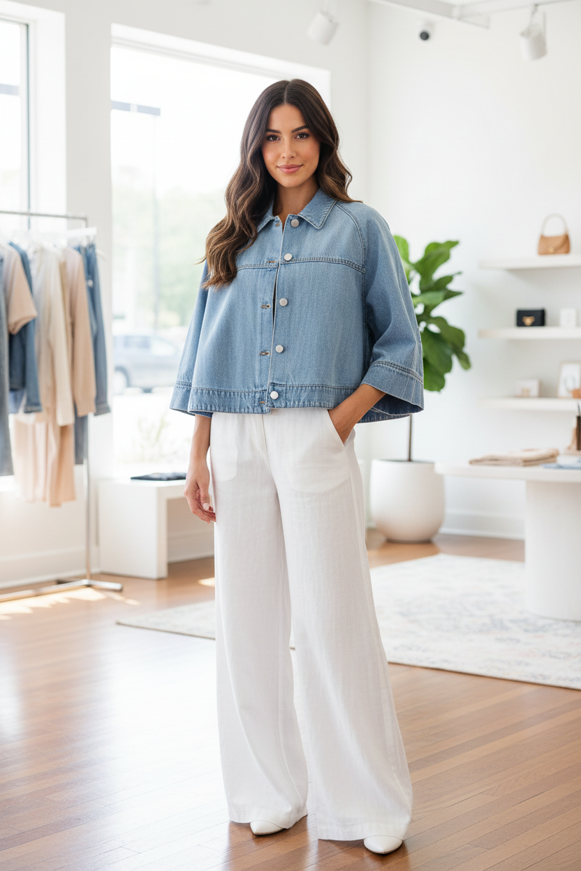 Light wash denim cape jacket by Risen with button front, collared neckline, and dramatic flowy fit