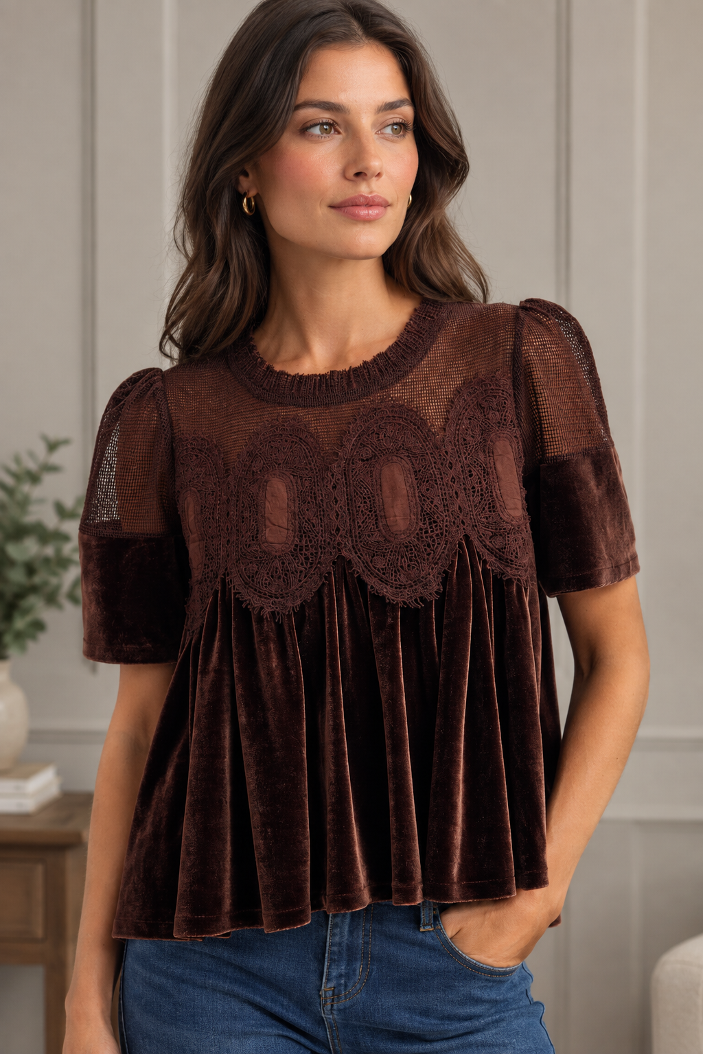 Thread Bar Boutique brown velvet babydoll top with sheer crochet-style upper panel, intricate lace detailing, scalloped mesh contrast, and short puff sleeves, feminine romantic blouse for date night and elevated everyday outfits.