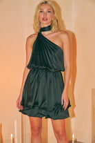 Ruffle one-shoulder scarf neck mini dress with cinched waist