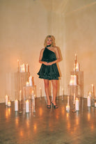 Ruffle One Shoulder Scarf Neck Mini dress cinched waist