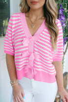 Women’s striped V-neck short sleeve knit sweater with bow knot detail, lightweight soft fabric