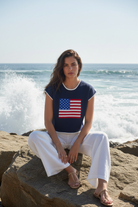 USA flag sweater tank with cropped boxy fit, cap sleeves, and contrast trim for a relaxed Americana look