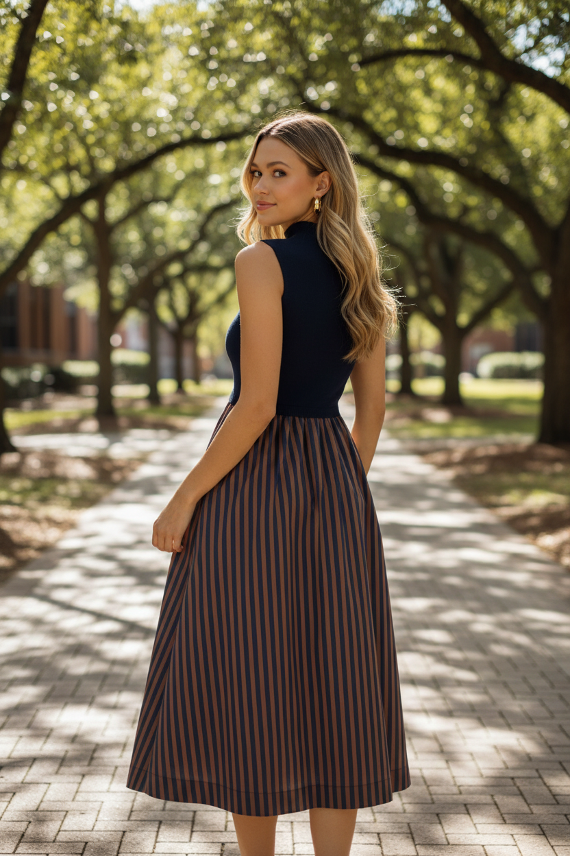 women's sleeveless mock neck midi dress with a solid bodice and contrast vertical striped skirt, designed with a relaxed fit and polished everyday silhouette.