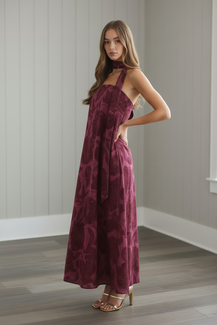 Women’s strapless floral maxi dress with open back, elasticized back detail, oversized floral print, and relaxed fit
