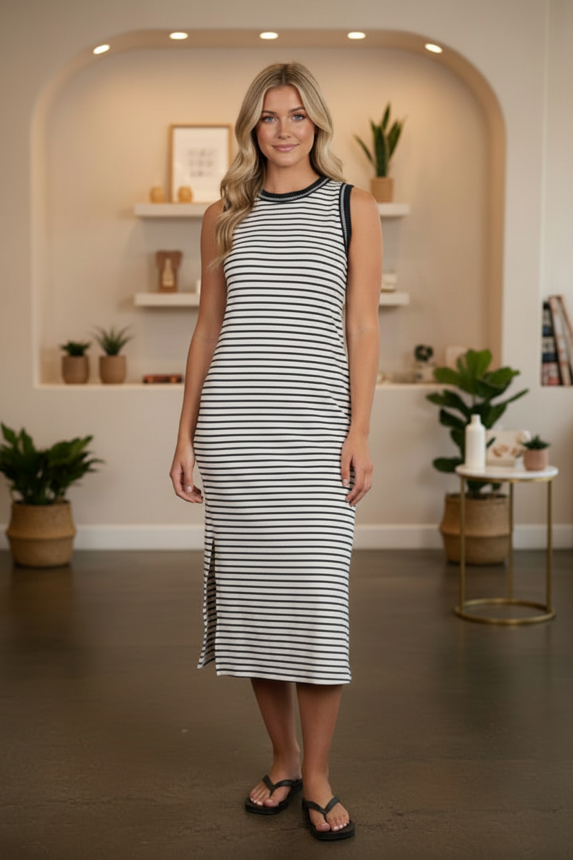Striped knit midi dress from Thread Bar Boutique featuring a sleeveless design, contrast trim details, and a relaxed straight-fit silhouette. Comfortable boutique dress perfect for brunch, vacations, casual outings, and effortless everyday style.