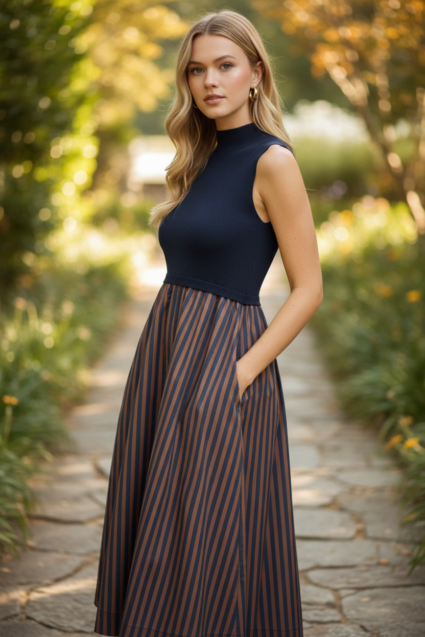Women's striped midi dress with convenient side pockets, a solid mock neck bodice, sleeveless design, vertical contrast stripes, and a lightweight non-sheer lined skirt.